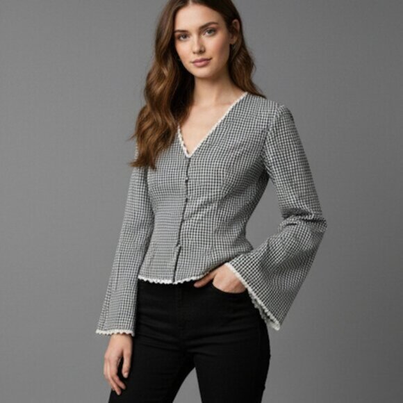 Shepherd Check Lace Cap Sleeve Single Button Blouse - Picture 2 of 8